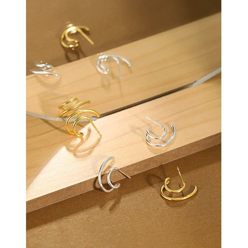 Irregular Double Layer C Shape 925 Sterling Silver Stud Earrings