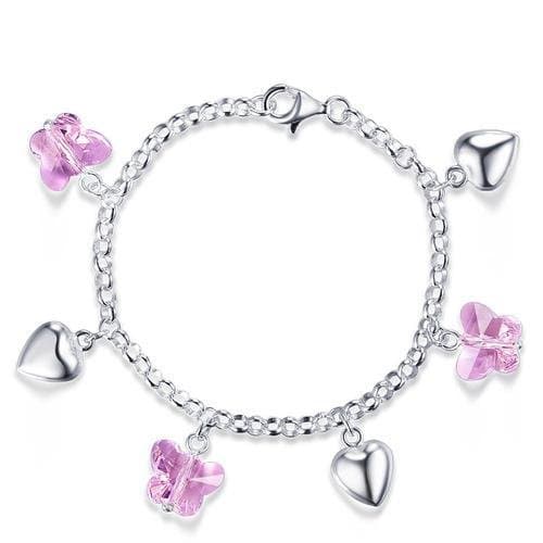 Kids Sterling Silver Pink Butterfly Hearts Bracelet