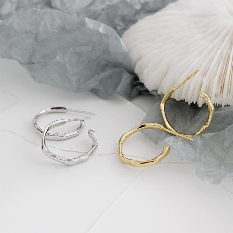 Geometric Irregular Circle 925 Sterling Silver Hoop Earrings