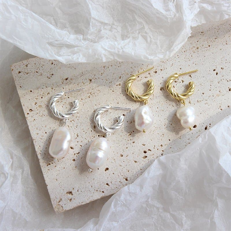 Irregular Shell Pearl Twisted Circle 925 Sterling Silver Hoop Earrings