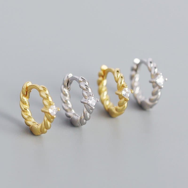 CZ Twisted 925 Sterling Silver Hoop Earrings