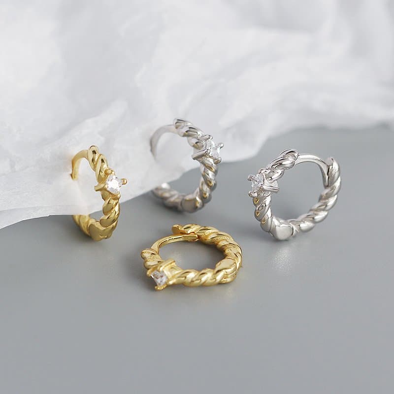 CZ Twisted 925 Sterling Silver Hoop Earrings
