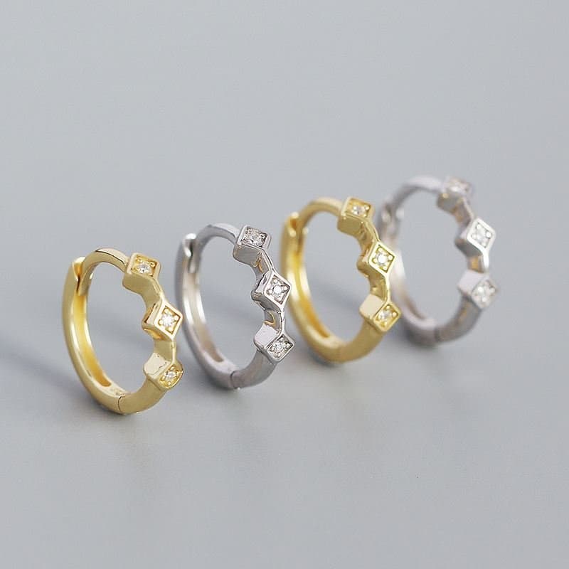 Geometric Mini CZ Square 925 Sterling Silver Huggie Hoop Earrings