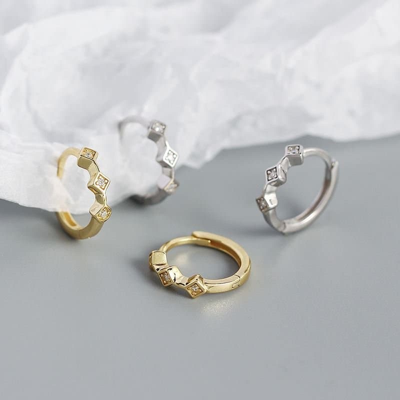 Geometric Mini CZ Square 925 Sterling Silver Huggie Hoop Earrings