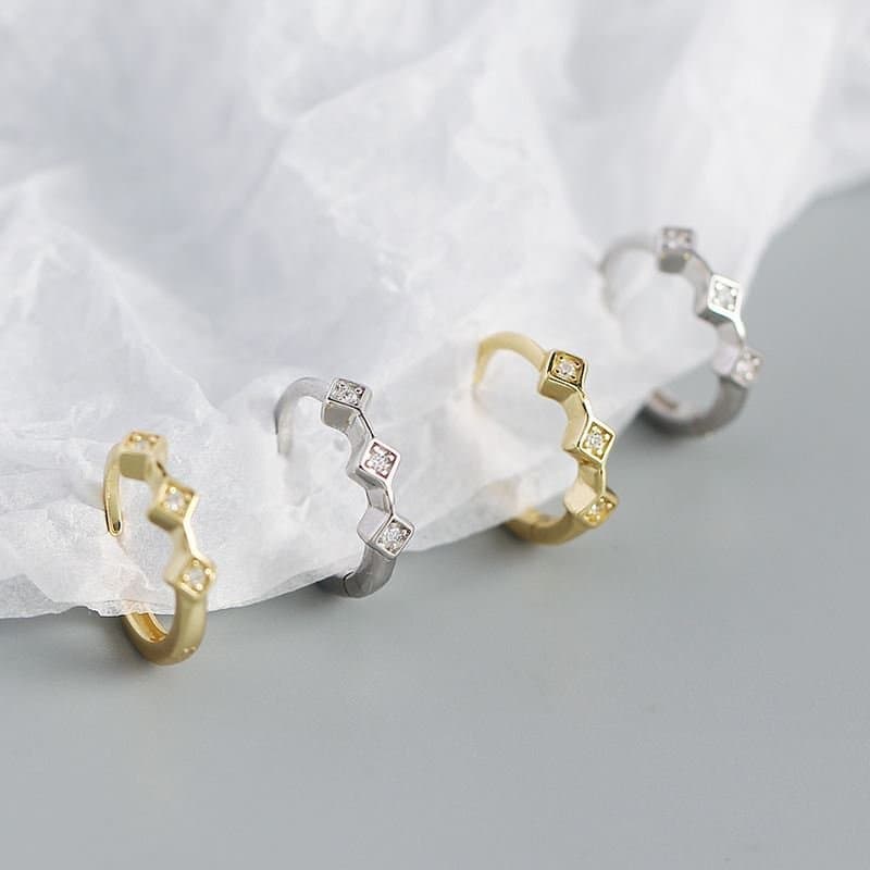 Geometric Mini CZ Square 925 Sterling Silver Huggie Hoop Earrings
