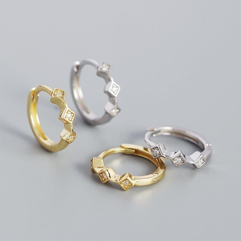 Geometric Mini CZ Square 925 Sterling Silver Huggie Hoop Earrings
