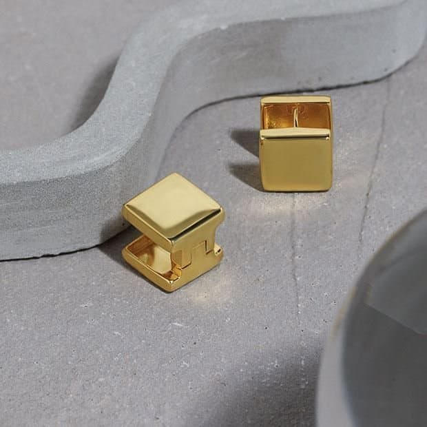 Geometric Gold Double Square 925 Sterling Silver Hoop Earrings