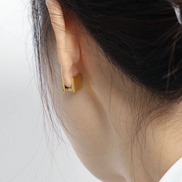 Geometric Gold Double Square 925 Sterling Silver Hoop Earrings