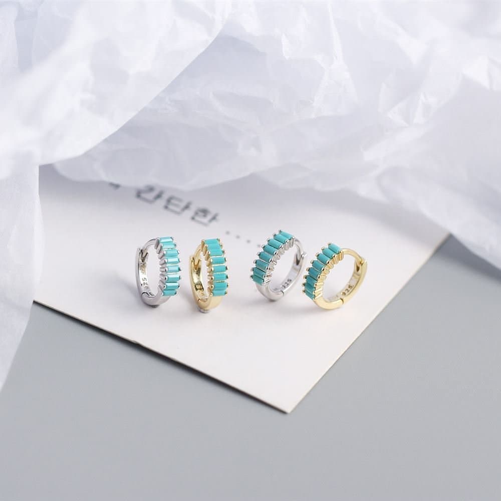 Geometric Rectangle CZ Circle 925 Sterling Silver Hoop Earrings