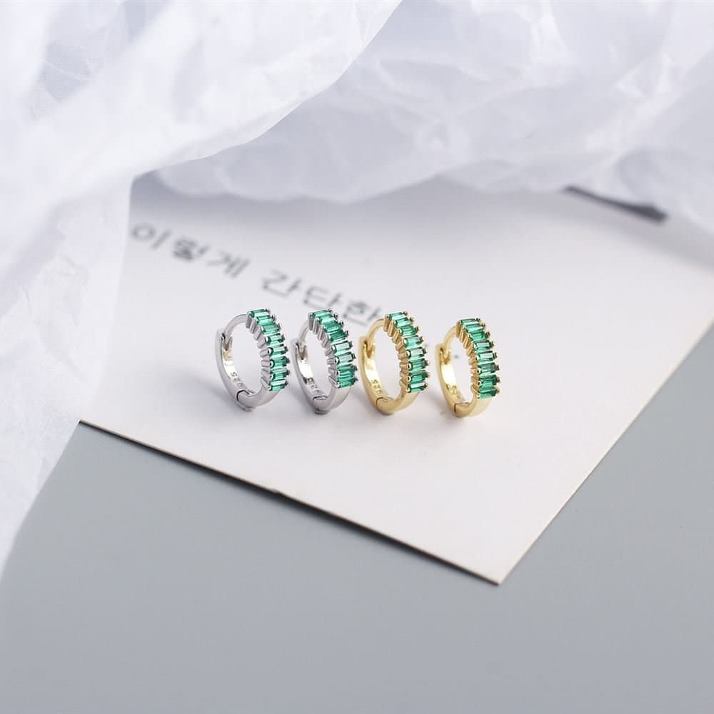Geometric Rectangle CZ Circle 925 Sterling Silver Hoop Earrings