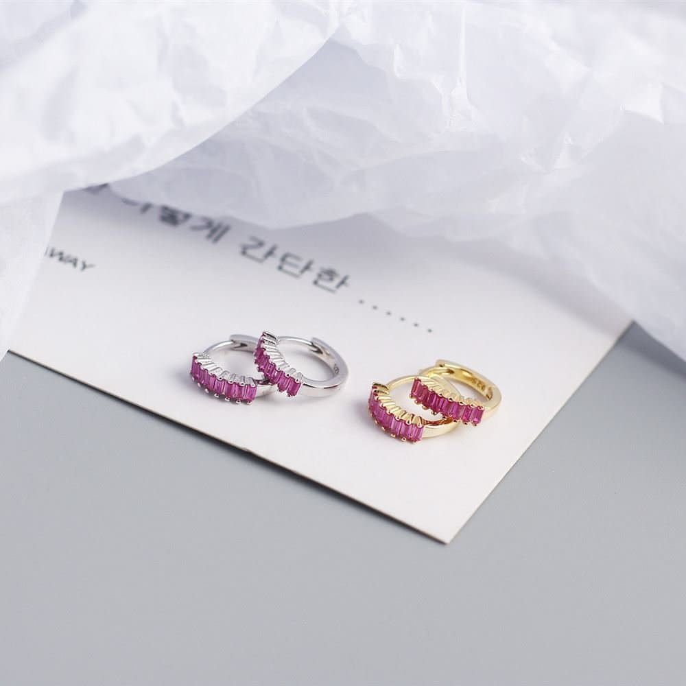 Geometric Rectangle CZ Circle 925 Sterling Silver Hoop Earrings