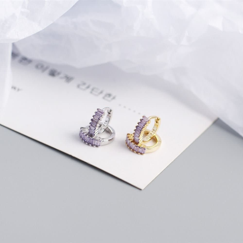 Geometric Rectangle CZ Circle 925 Sterling Silver Hoop Earrings