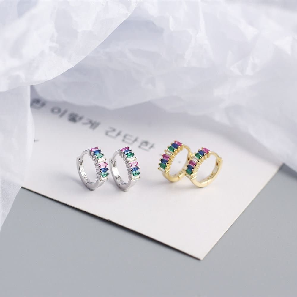 Geometric Rectangle CZ Circle 925 Sterling Silver Hoop Earrings