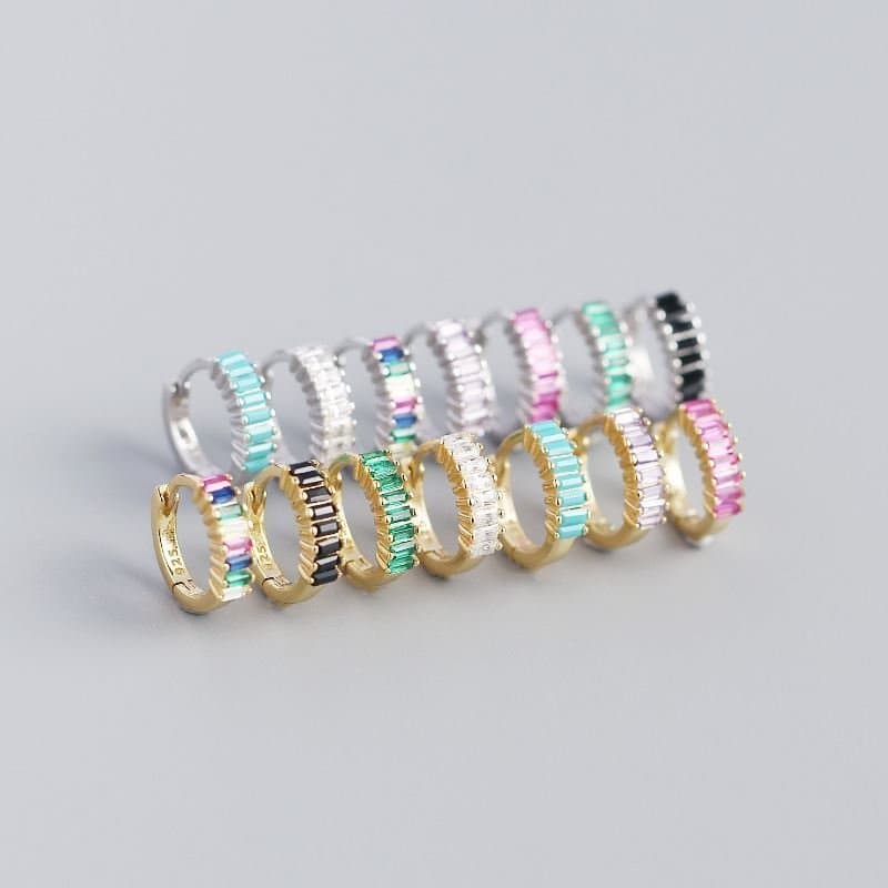 Geometric Rectangle CZ Circle 925 Sterling Silver Hoop Earrings