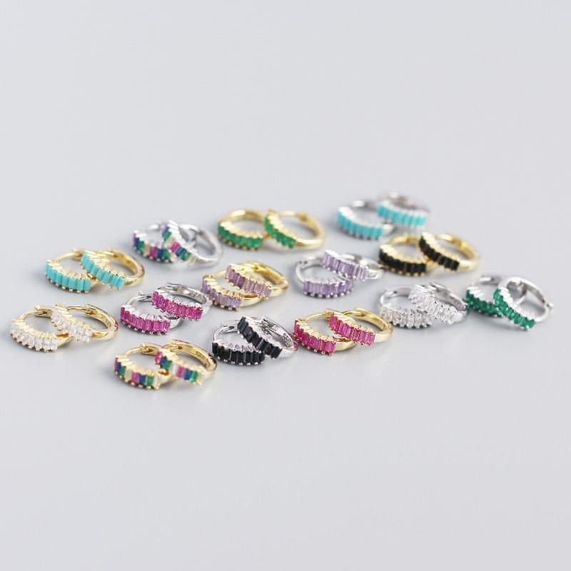 Geometric Rectangle CZ Circle 925 Sterling Silver Hoop Earrings