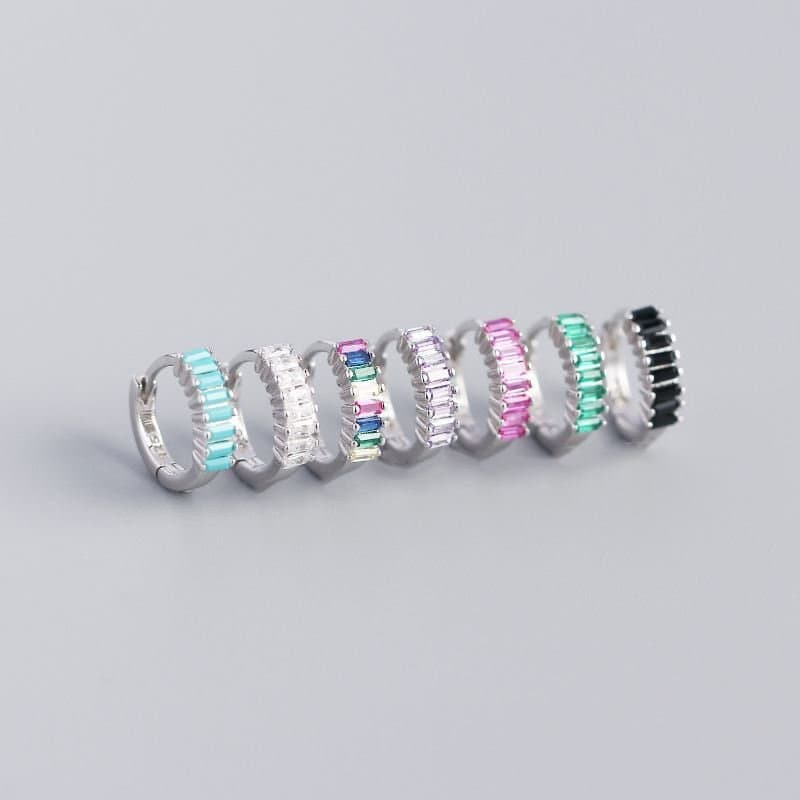 Geometric Rectangle CZ Circle 925 Sterling Silver Hoop Earrings