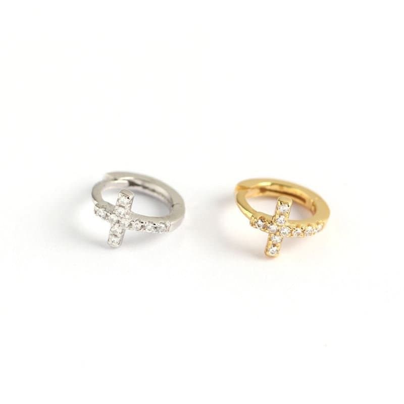 CZ Cross 925 Sterling Silver Huggie Hoop Earrings