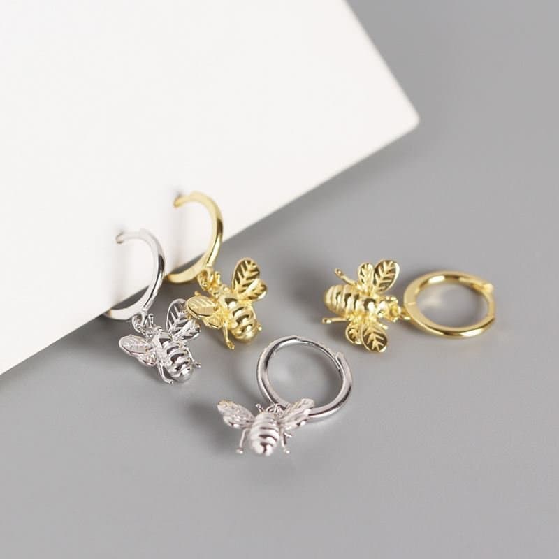Animal Insect Honey Bee 925 Sterling Silver Hoop Earrings