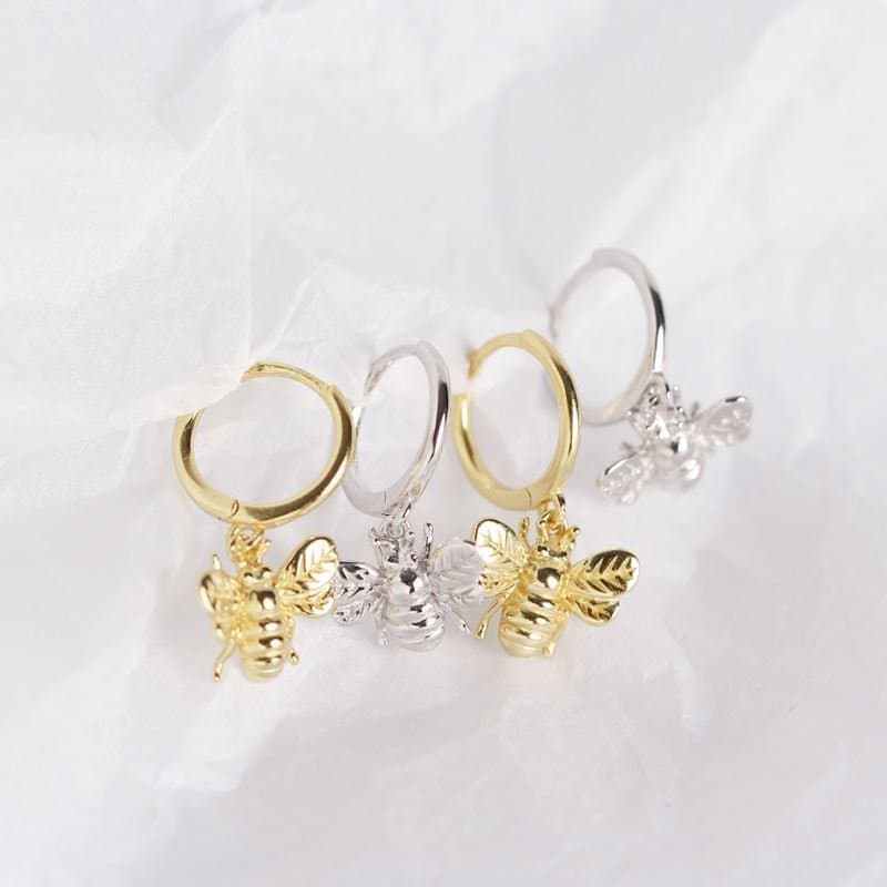Animal Insect Honey Bee 925 Sterling Silver Hoop Earrings