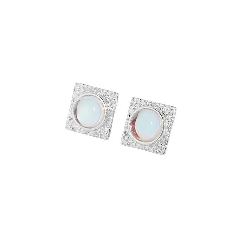 Geometric Square Round Created Moonstone 925 Sterling Silver Stud Earrings