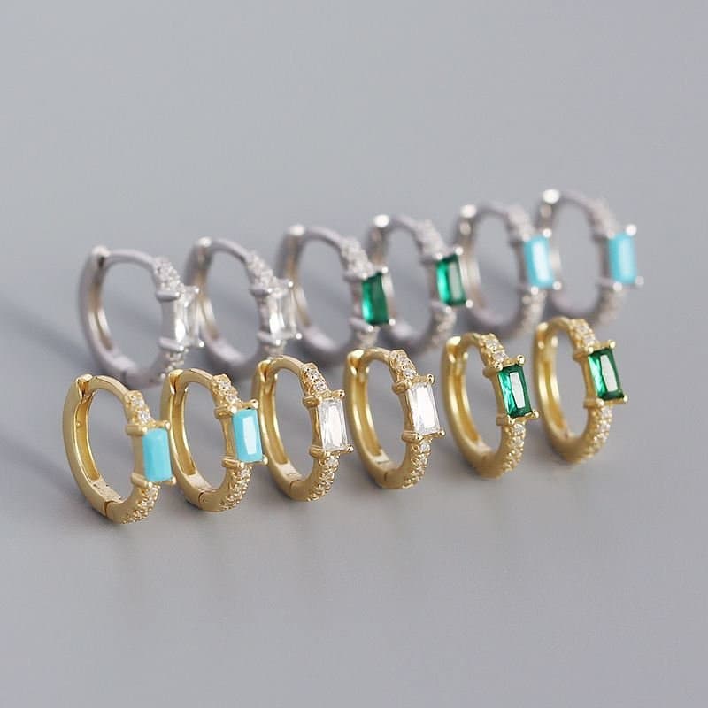 Rectangle CZ Geometric 925 Sterling Silver Huggie Hoop Earrings