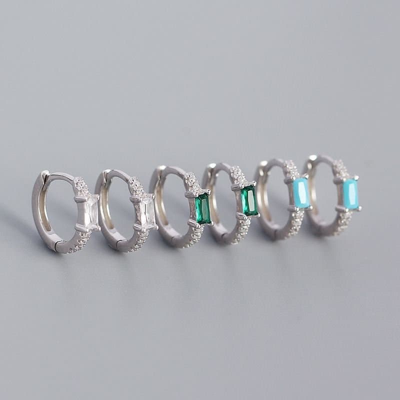 Rectangle CZ Geometric 925 Sterling Silver Huggie Hoop Earrings