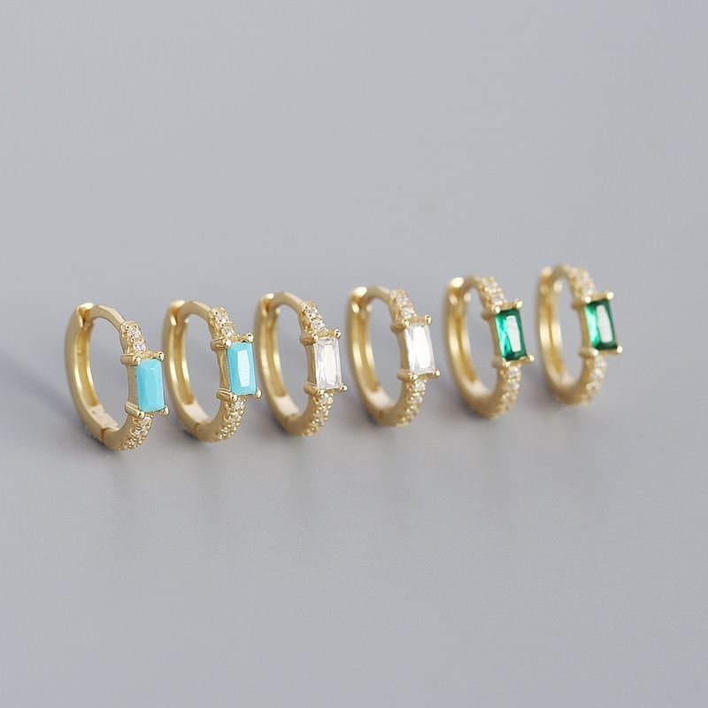 Rectangle CZ Geometric 925 Sterling Silver Huggie Hoop Earrings