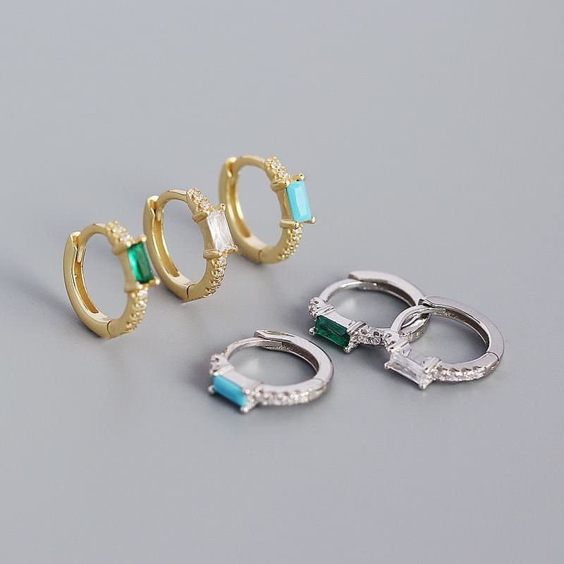 Rectangle CZ Geometric 925 Sterling Silver Huggie Hoop Earrings