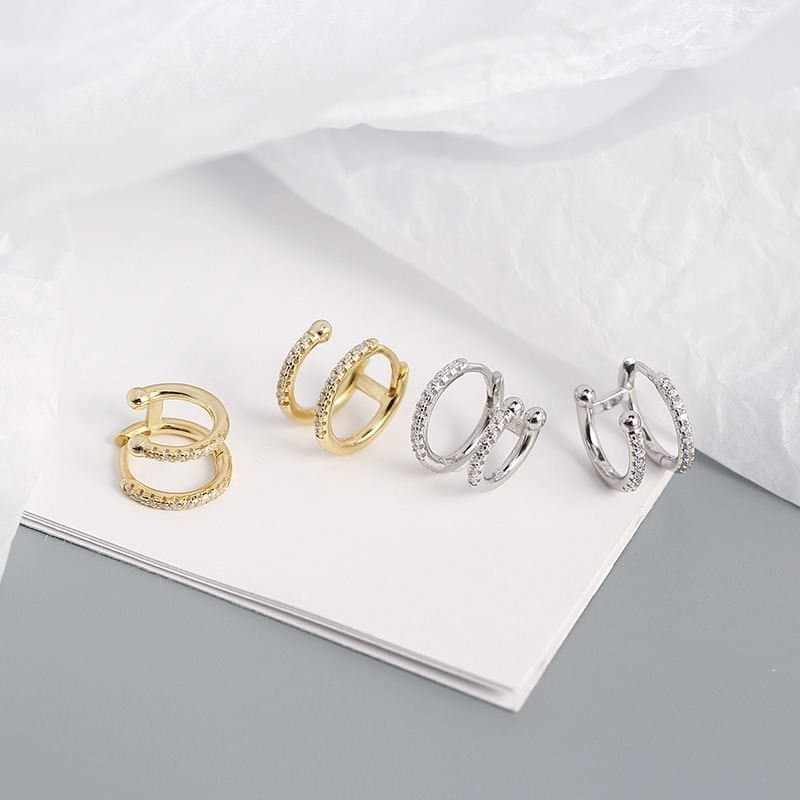 Geometric Double CZ Circle 925 Sterling Silver Hoop Earrings