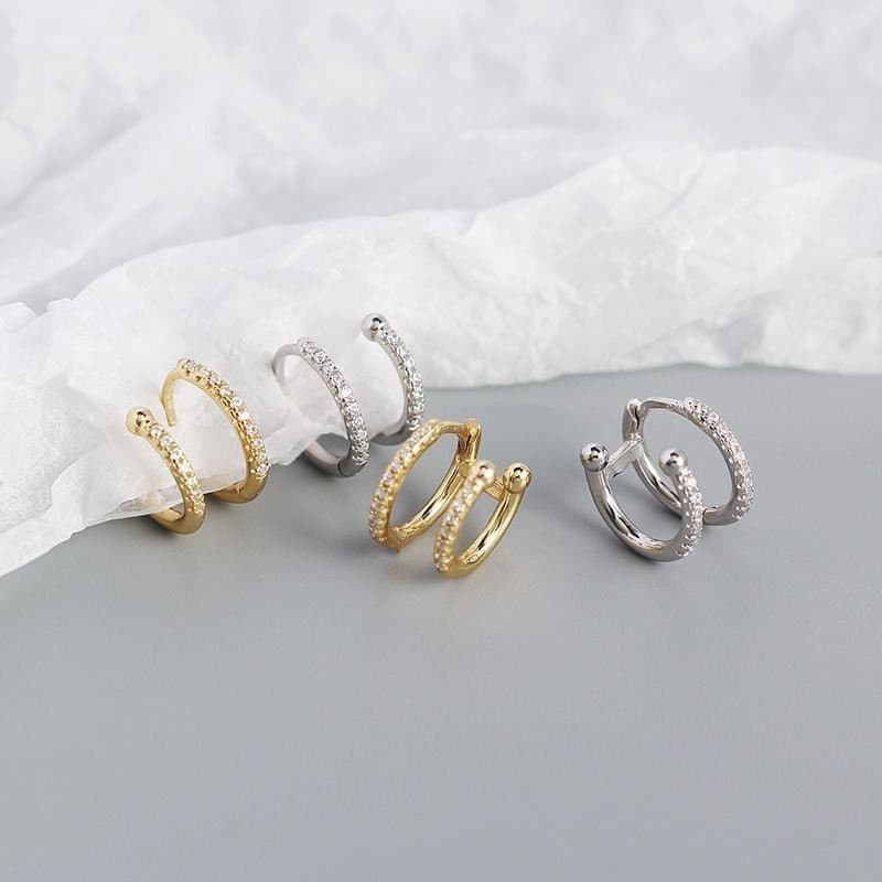 Geometric Double CZ Circle 925 Sterling Silver Hoop Earrings