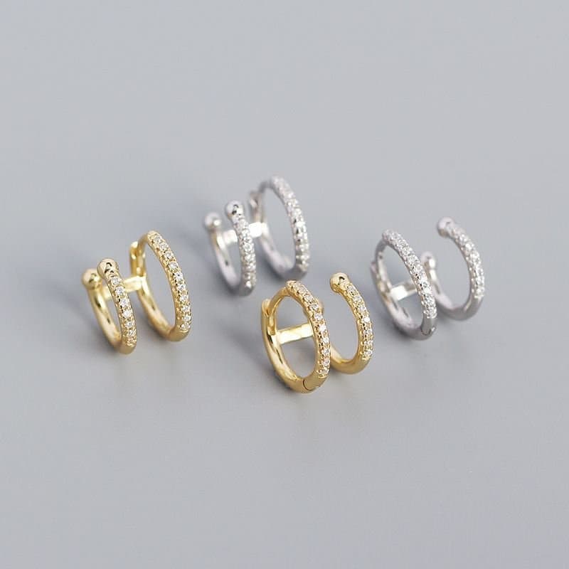 Geometric Double CZ Circle 925 Sterling Silver Hoop Earrings