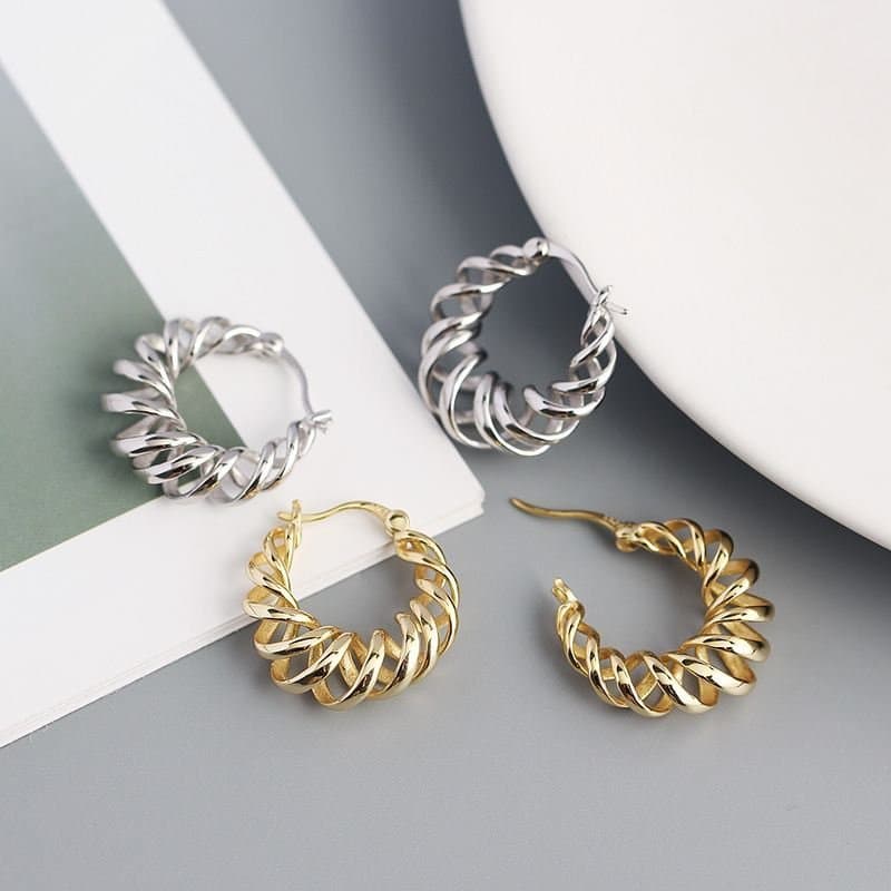 Geometric Hollow Spring 925 Sterling Silver Hoop Earrings