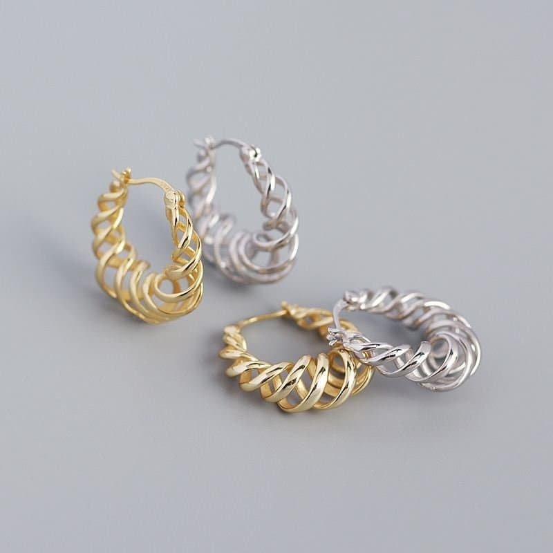 Geometric Hollow Spring 925 Sterling Silver Hoop Earrings