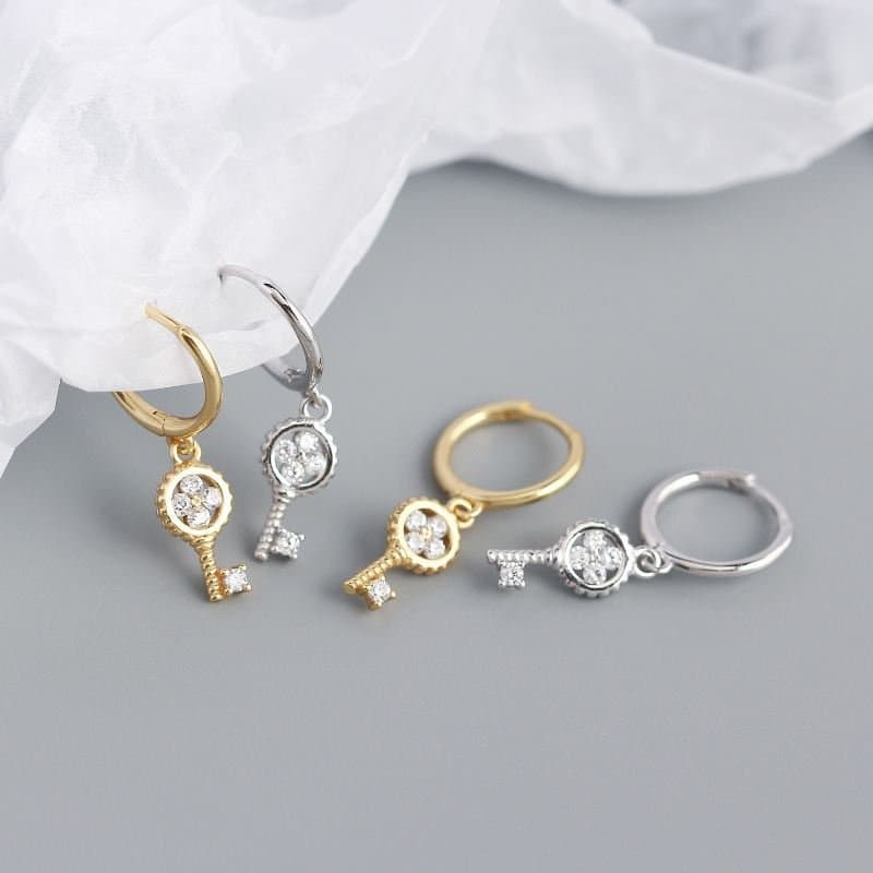 Four Leaf Clover Key 925 Sterling Silver Hoop Earrings