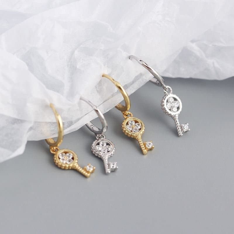 Four Leaf Clover Key 925 Sterling Silver Hoop Earrings