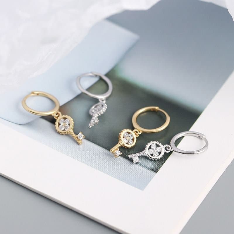 Four Leaf Clover Key 925 Sterling Silver Hoop Earrings