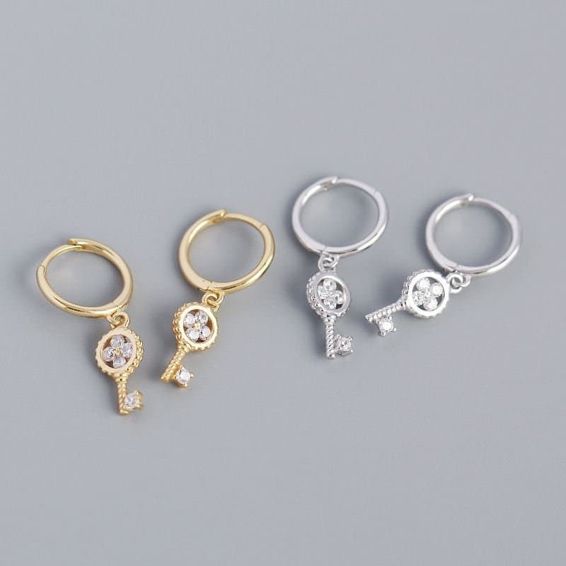 Four Leaf Clover Key 925 Sterling Silver Hoop Earrings