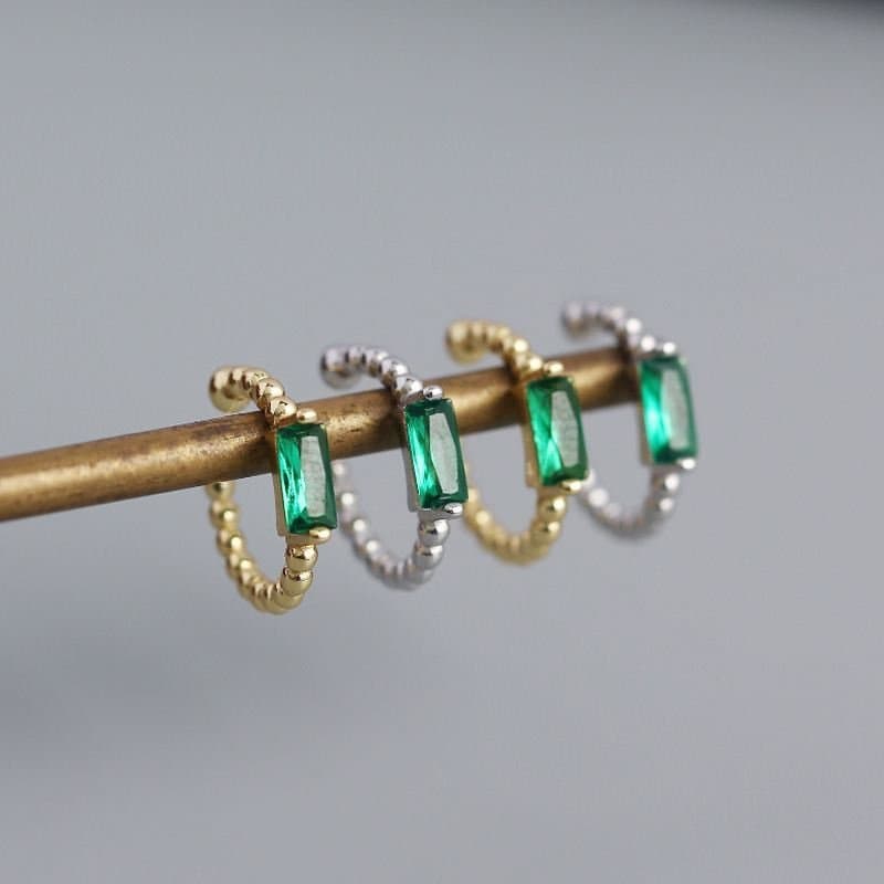 Geometric Green CZ Rectangle 925 Sterling Silver Non-Pierced Earrings