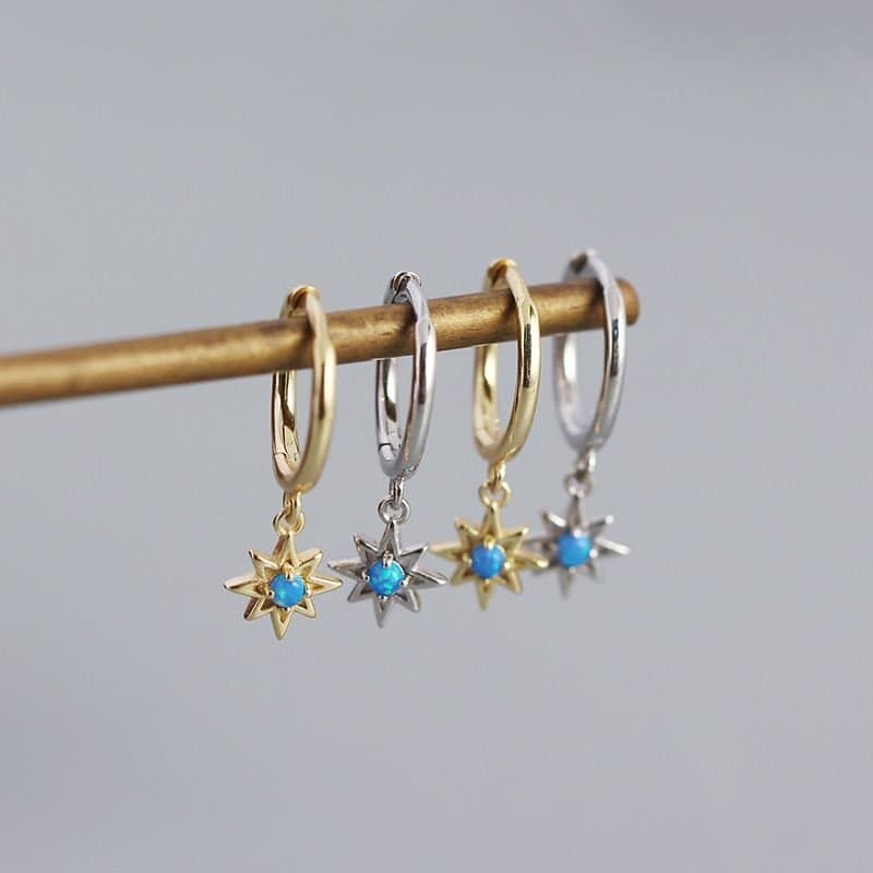Created Opal Star Anise Sun 925 Sterling Silver Hoop Earrings