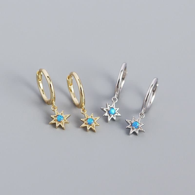 Created Opal Star Anise Sun 925 Sterling Silver Hoop Earrings
