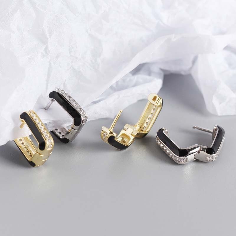Geometric CZ Hollow Square 925 Sterling Silver Hoop Earrings