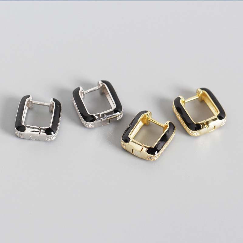 Geometric CZ Hollow Square 925 Sterling Silver Hoop Earrings
