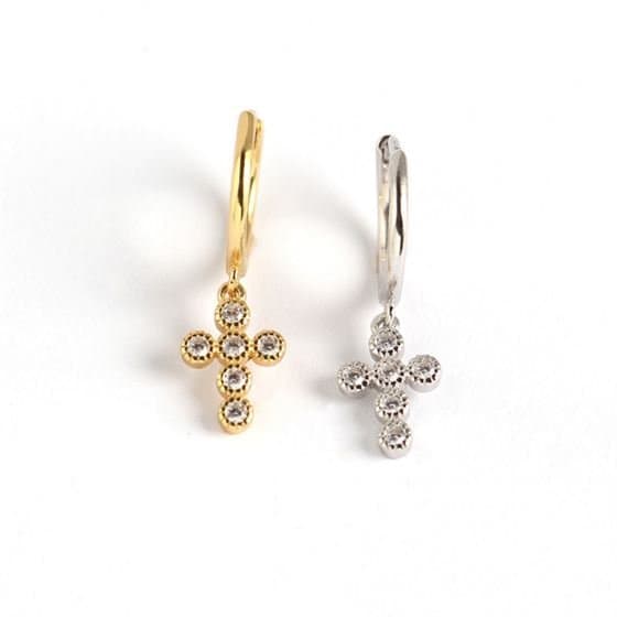 Geometric CZ Cross Tassel 925 Sterling Silver Hoop Earrings
