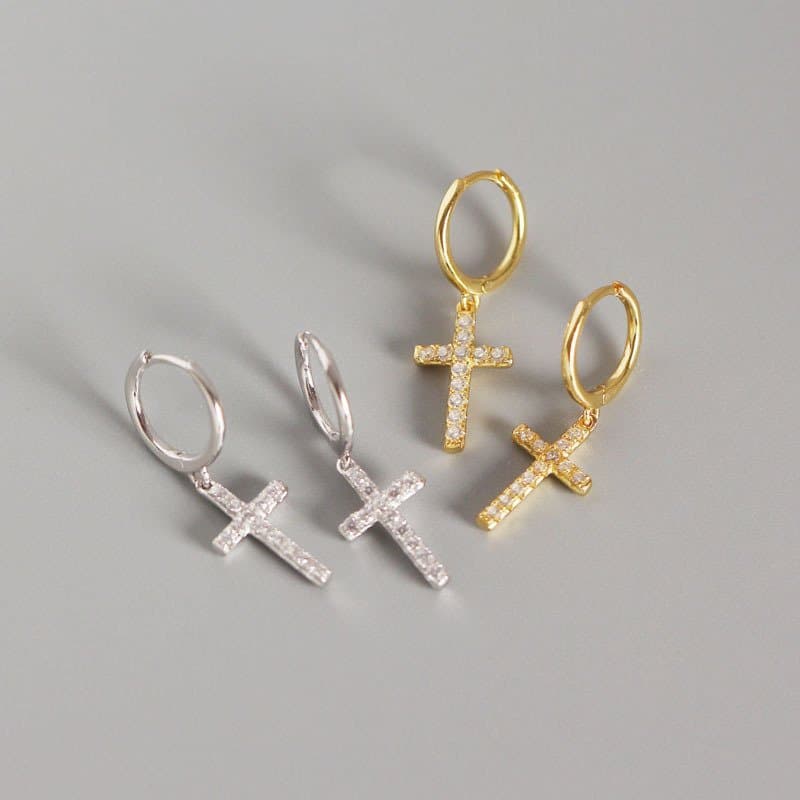 CZ Cross Holy 925 Sterling Silver Leverback Earrings
