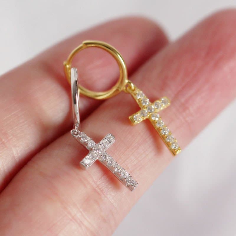 CZ Cross Holy 925 Sterling Silver Leverback Earrings