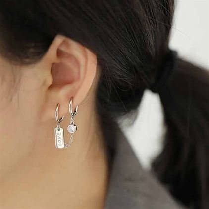 Doule Hole CZ Love Letters Rectangle 925 Sterling Silver Hoop Earrings