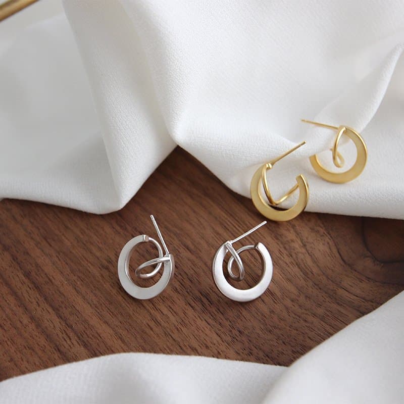 Geometric Matte Irregular Semicircle 925 Sterling Silver Stud Earrings