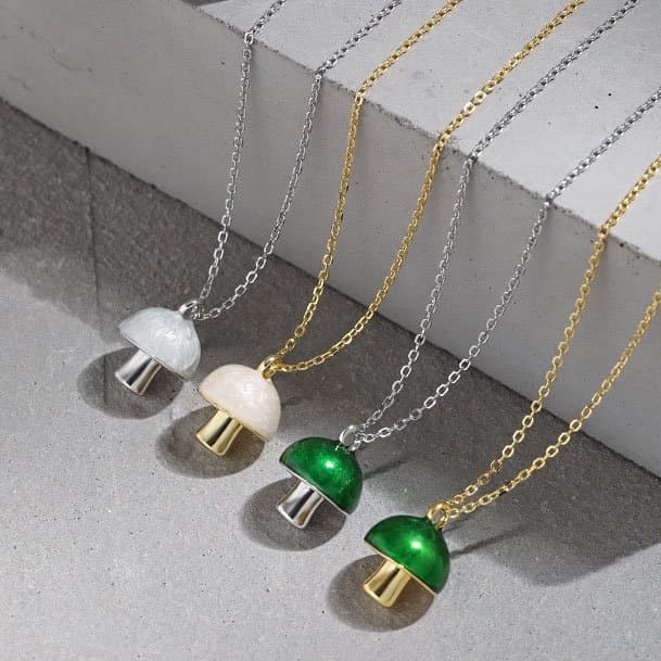 Green Epoxy Mushroom 925 Sterling Silver Necklace