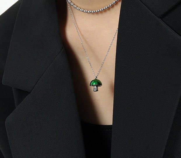 Green Epoxy Mushroom 925 Sterling Silver Necklace