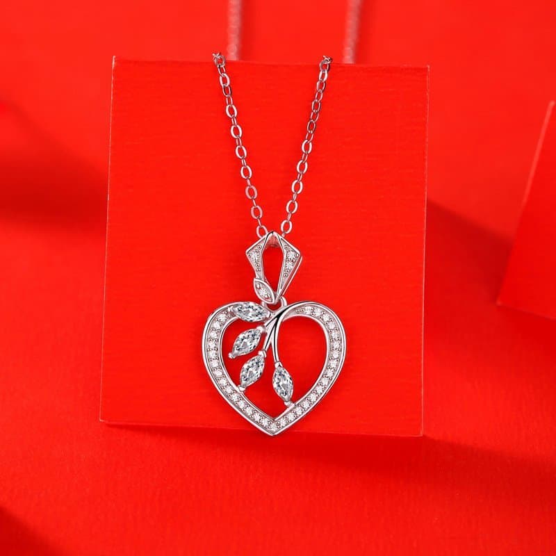 Moissanite Hollow Heart Leaves 925 Sterling Silver Necklace